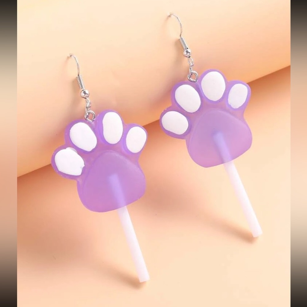 🐾 Super Adorable Pastel Kitty Cat Puppy Dog Paws Lollipop Drop Earrings 🐾